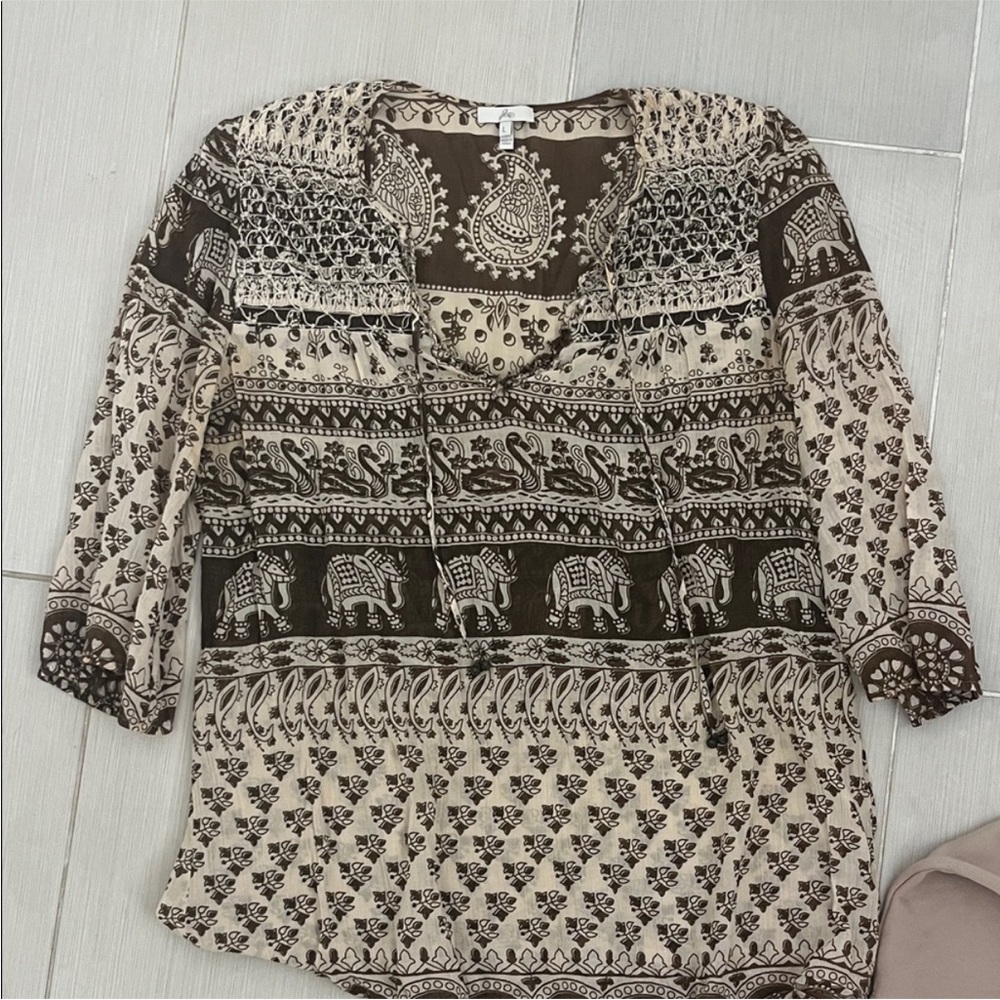 Joie Beige and Black Elephant Print Blouse